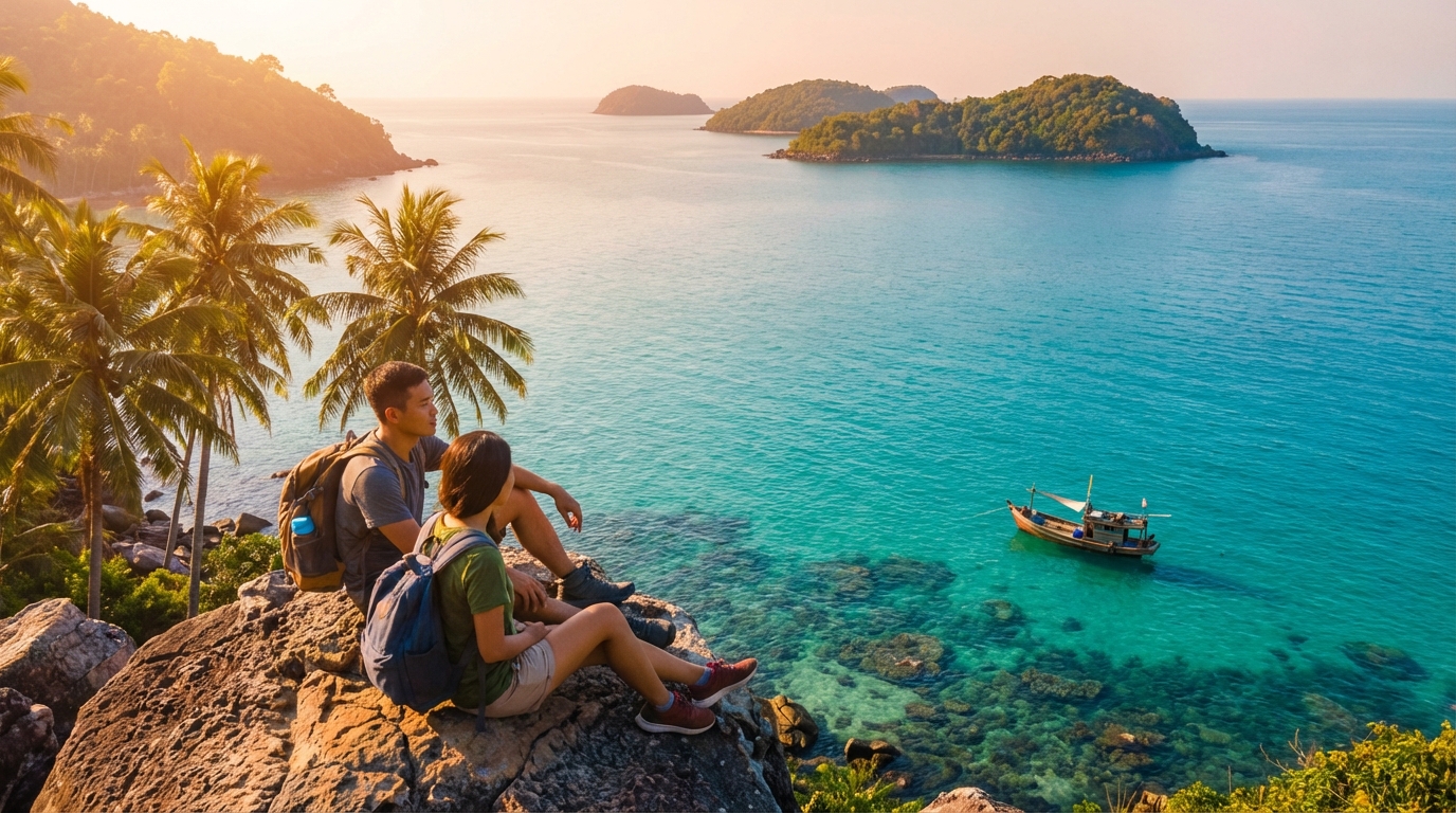 Cặp đôi du lịch tự túc ngồi ngắm biển trên vách đá ở Nam Du với các đảo nhỏ phía xa