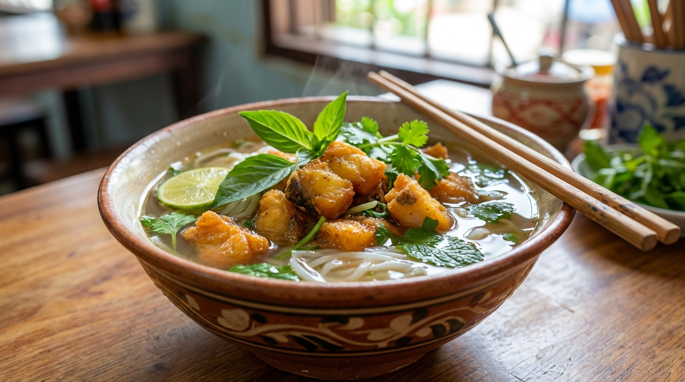 Bún cá Rạch Giá với cá lóc phi lấu giòn, nước dùng ngọt thanh