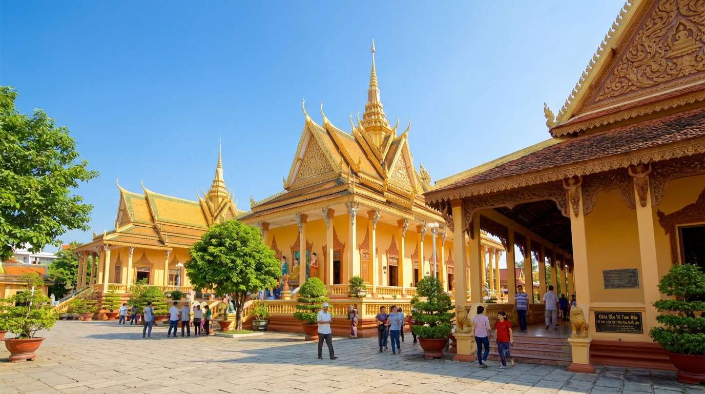 Chùa Sắc Tứ Tam Bảo với kiến trúc Khmer độc đáo