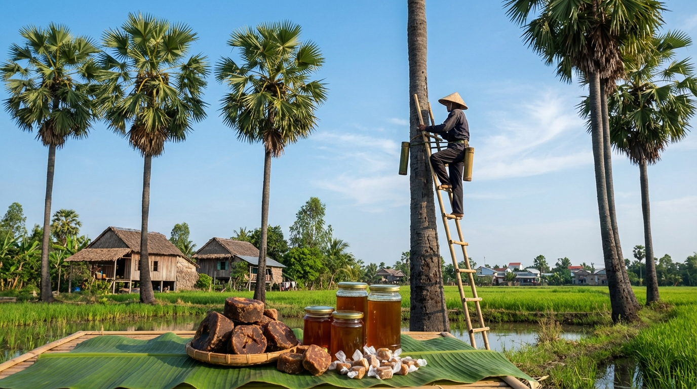 Cây thốt nốt cao vút ở An Giang với người dân đang thu hoạch nhựa và các sản phẩm đường thốt nốt