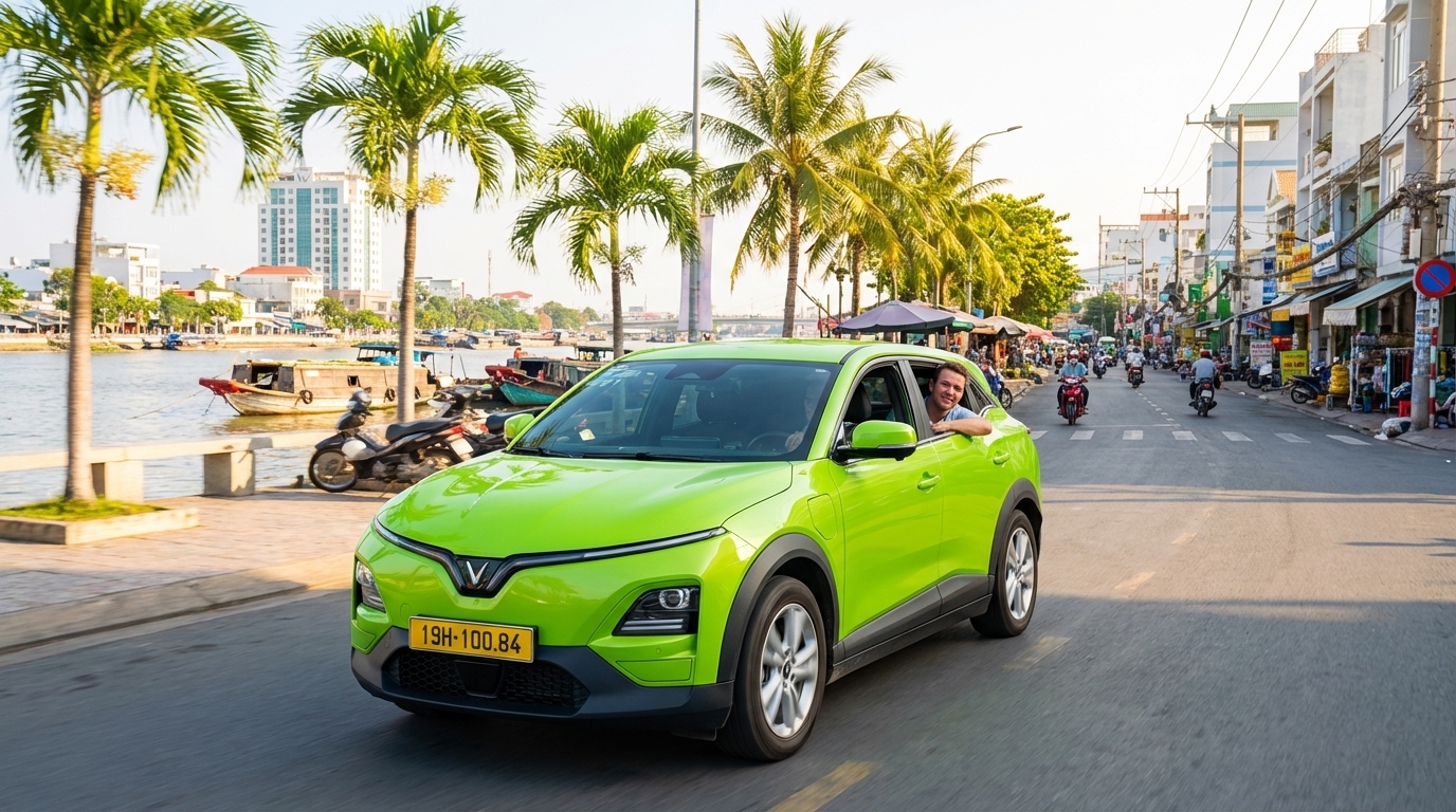 Expat traveling in VinFast VF6 taxi through Long Xuyên city