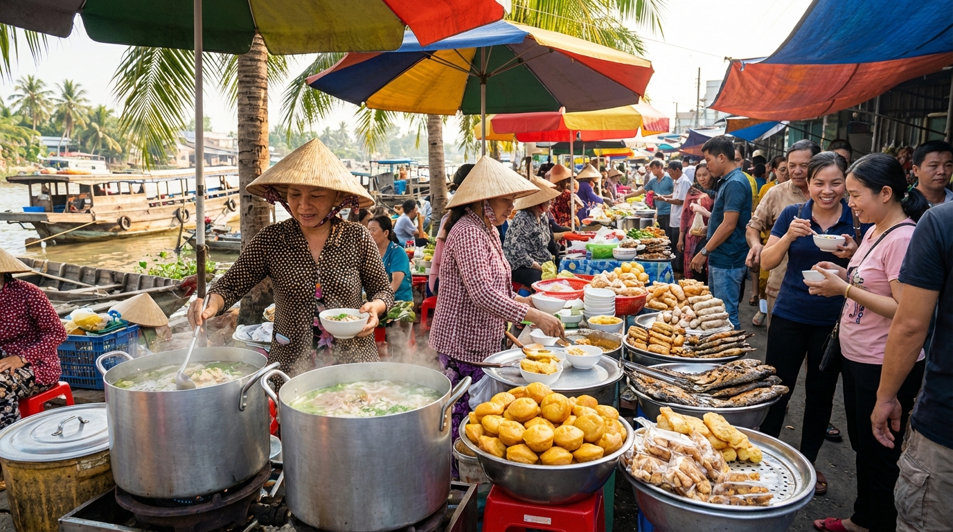 Các món ăn đường phố Châu Đốc đặc sắc với bún cá, bánh bò thốt nốt