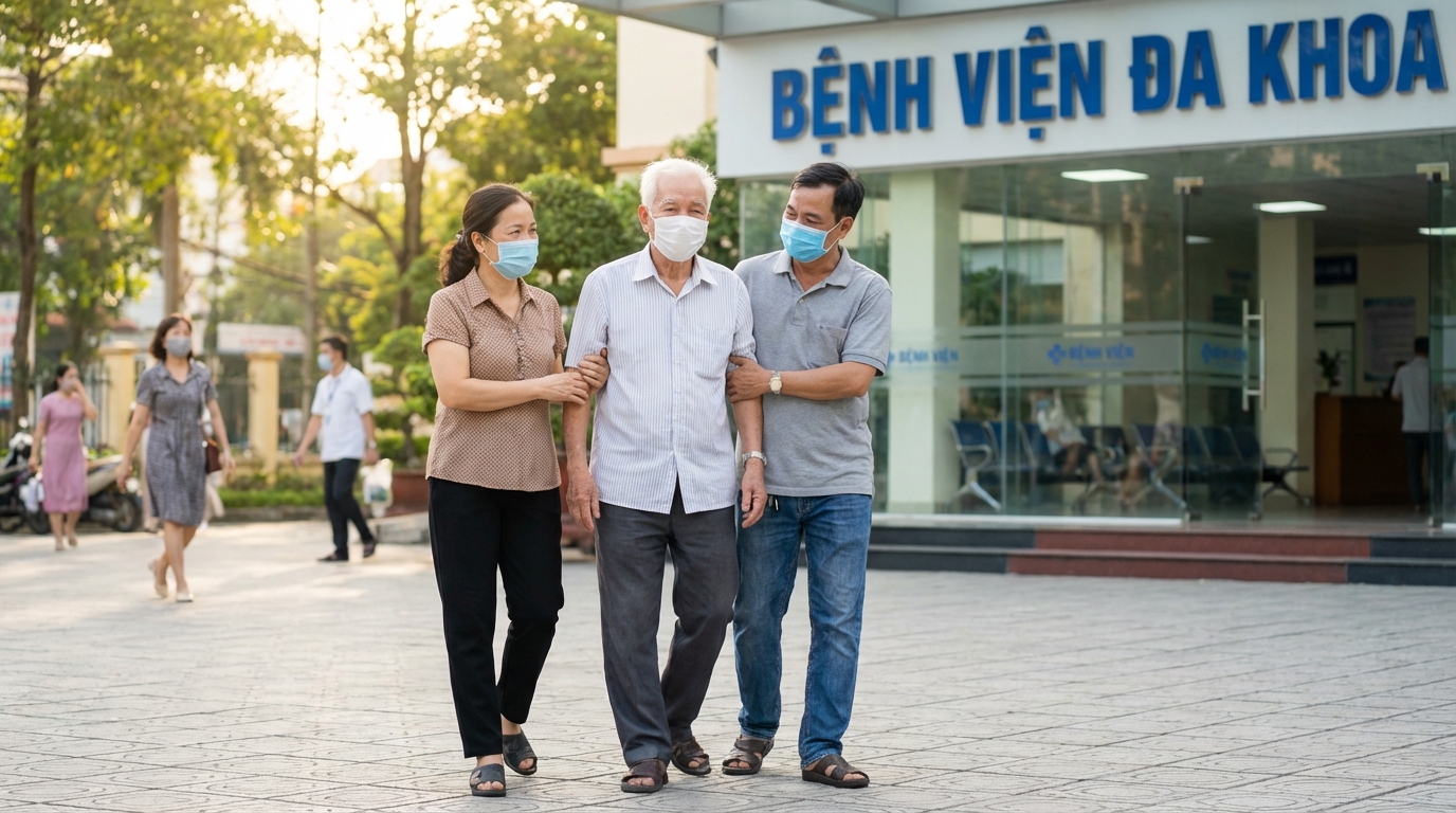 Gia đình chăm sóc người cao tuổi đi khám bệnh