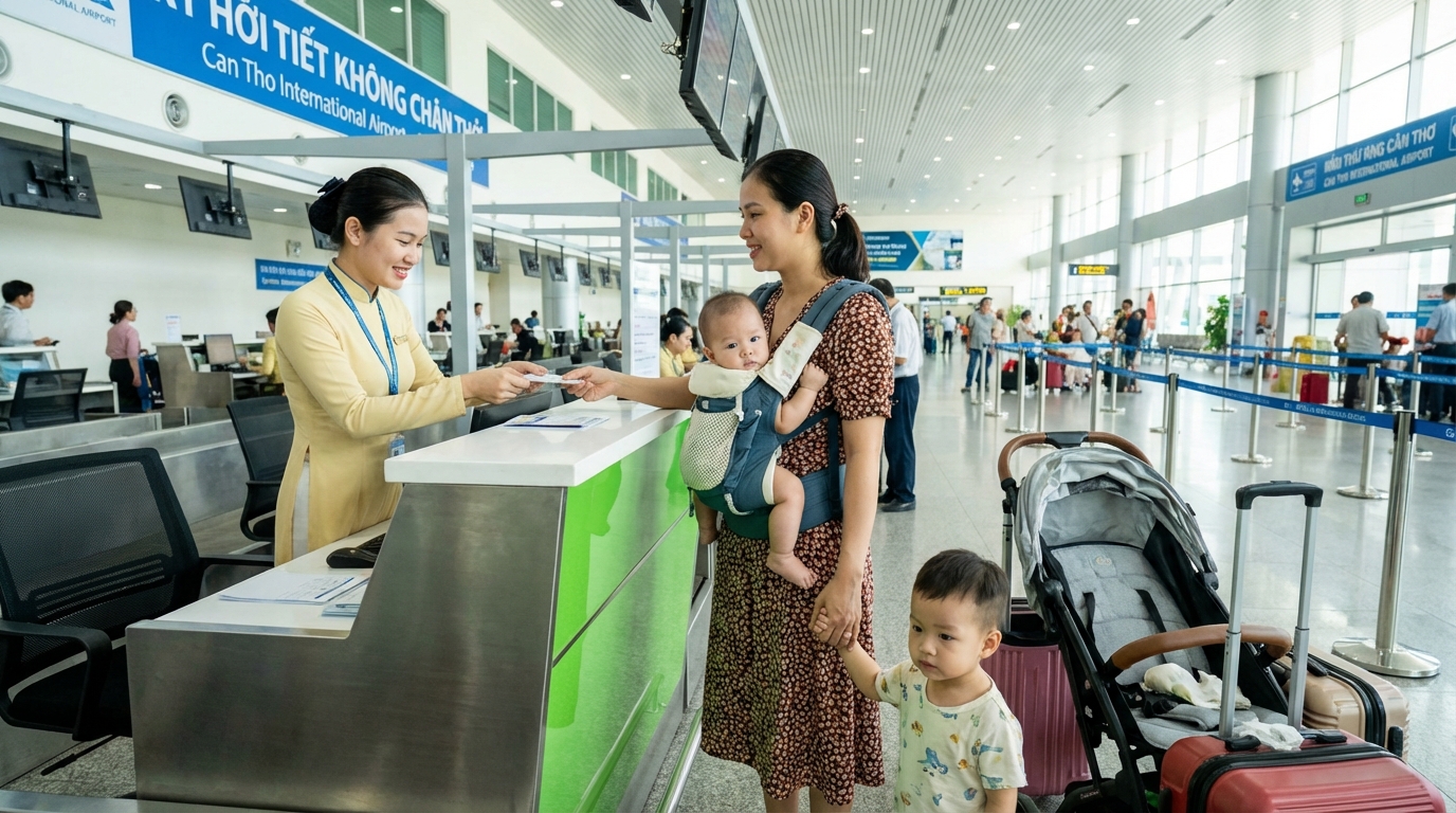 Gia đình làm thủ tục check-in tại sân bay Cần Thơ