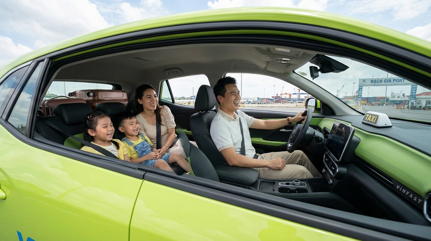 Gia đình hạnh phúc ngồi trong xe VinFast taxi với hành lý ở cốp