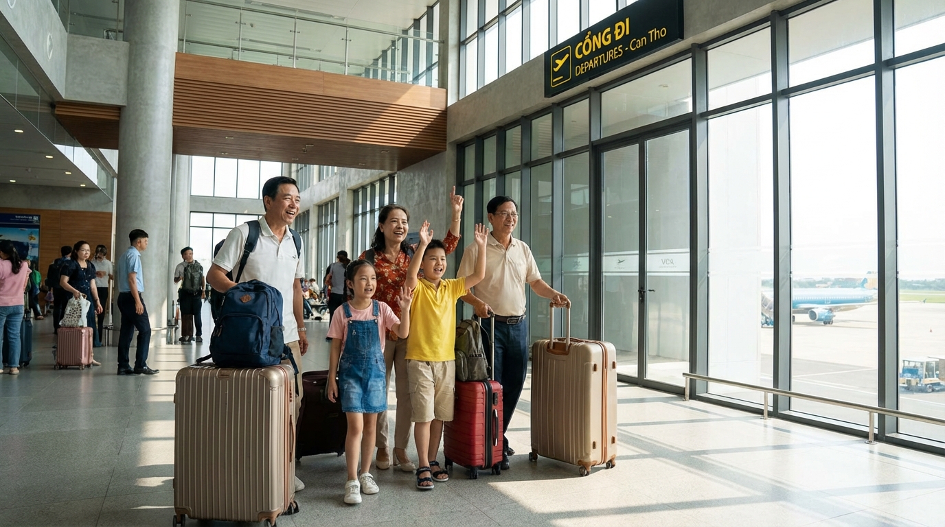 Gia đình chuẩn bị lên máy bay tại sân bay Cần Thơ