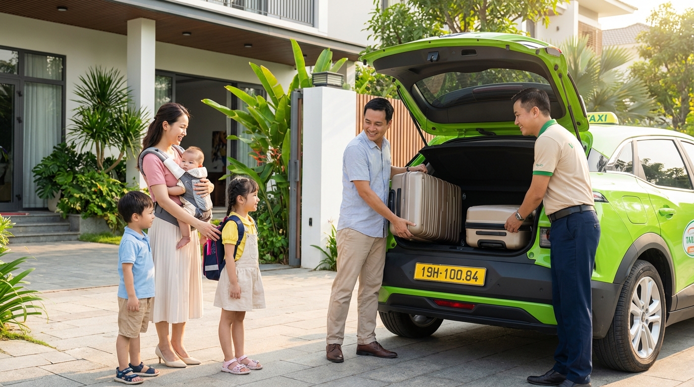 Gia đình có trẻ nhỏ lên taxi đi sân bay