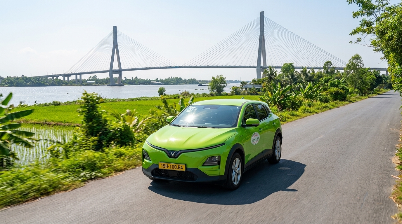 Taxi VinFast VF6 màu xanh cốm trên đường đi Cần Thơ với cầu Cần Thơ phía xa