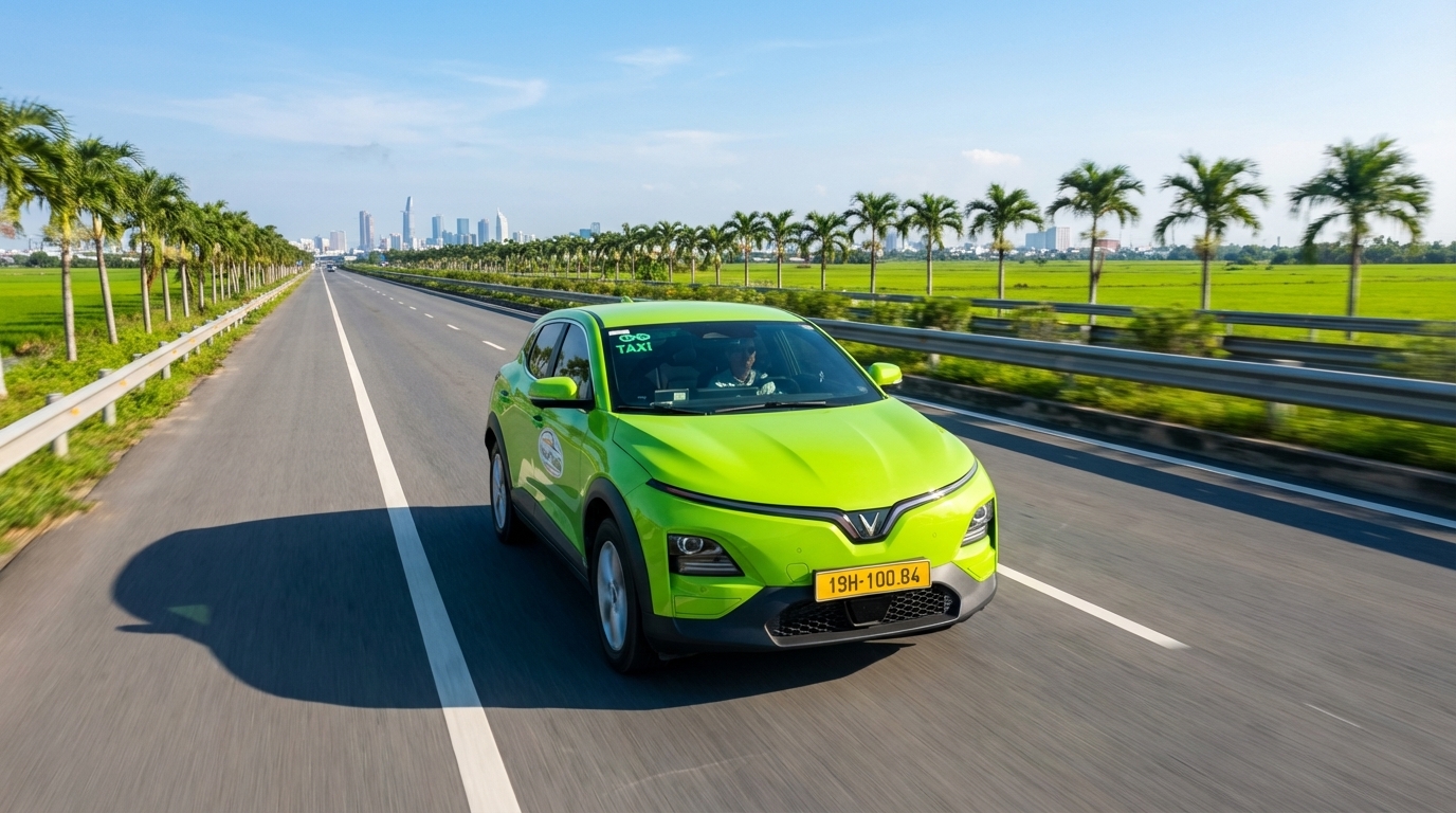 Taxi VinFast VF6 màu xanh cốm trên đường cao tốc Long Xuyên đi Sài Gòn