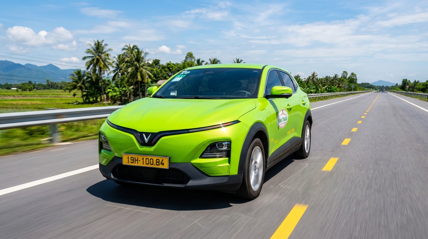 Taxi VinFast VF6 màu xanh cốm đang di chuyển trên đường cao tốc từ Long Xuyên đến TP Hồ Chí Minh