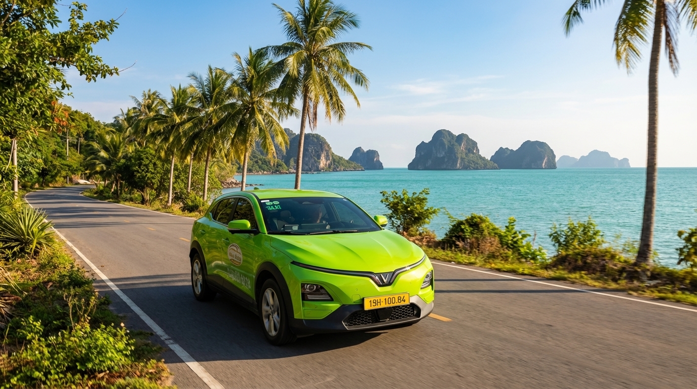 Taxi VinFast VF6 xanh cốm chạy trên đường ven biển Hà Tiên