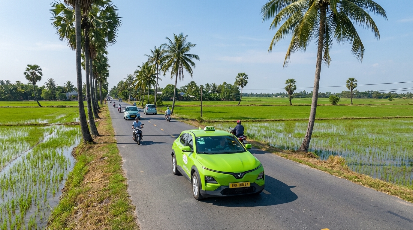 Taxi VinFast VF6 màu xanh cốm trên đường đi Rạch Giá qua đồng lúa miền Tây