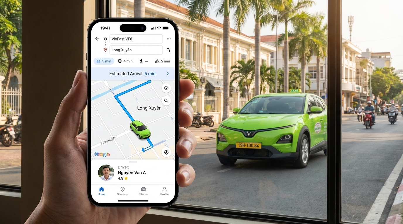 Màn hình điện thoại hiển thị bản đồ GPS tracking taxi VinFast VF6 tại Long Xuyên