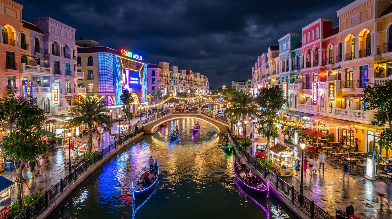 Grand World Phú Quốc về đêm với kênh Venice, đèn neon rực rỡ và thuyền gondola