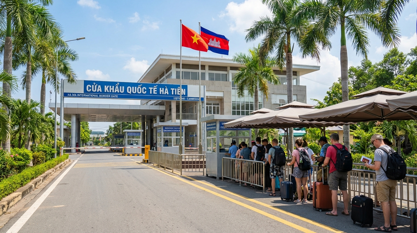 Cửa khẩu quốc tế Hà Tiên - Xà Xía với hành khách làm thủ tục xuất nhập cảnh
