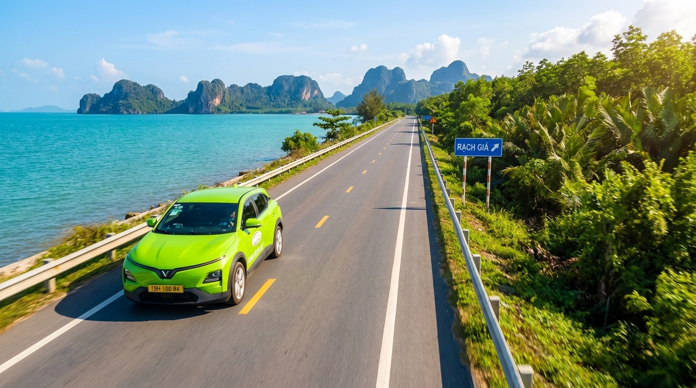 Taxi VinFast VF6 chạy trên đường ven biển từ Hà Tiên đi Rạch Giá