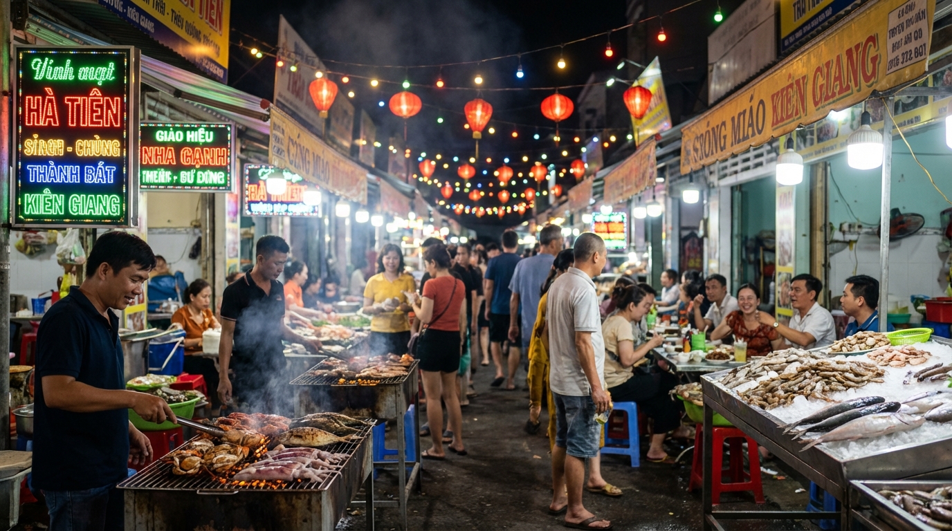 Chợ đêm Hà Tiên nhộn nhịp với hải sản nướng và đèn lồng rực rỡ