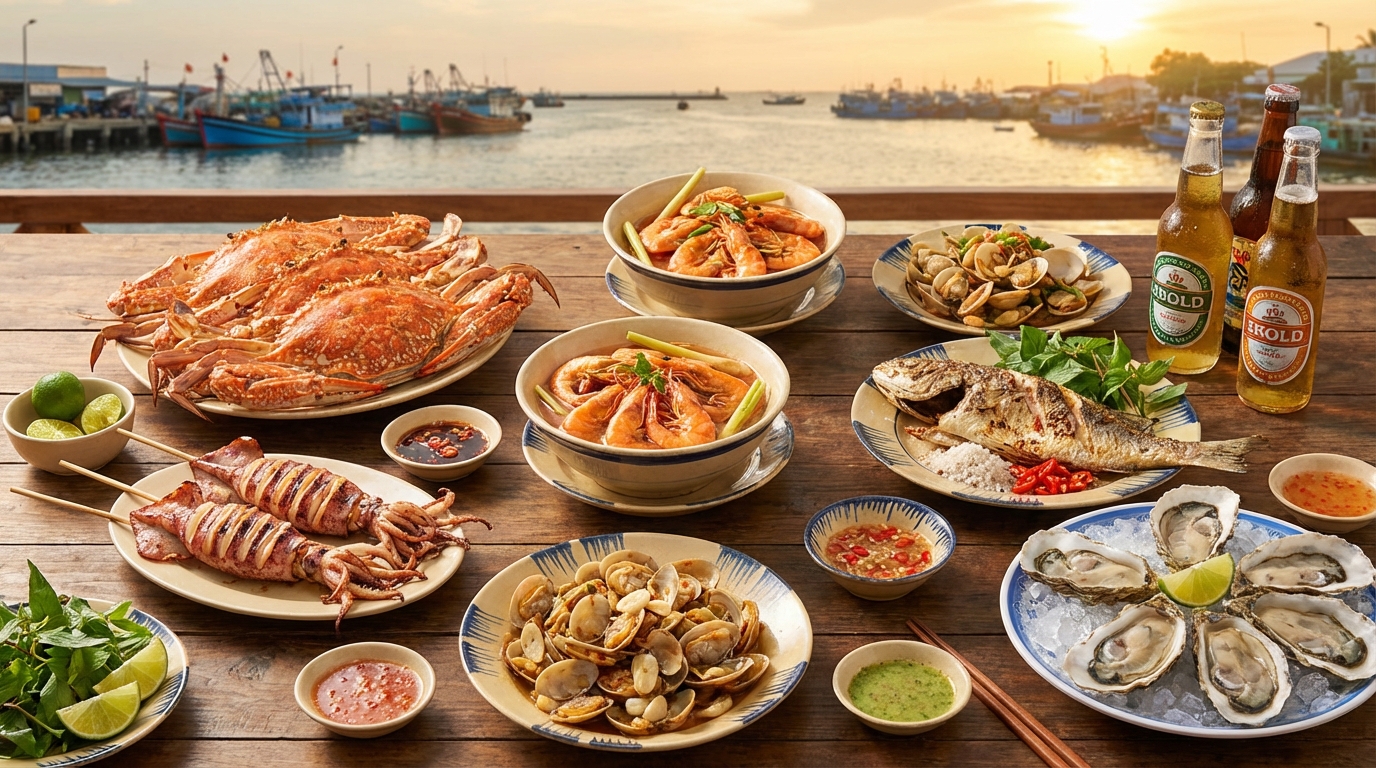 Bàn hải sản tươi sống phong phú tại nhà hàng ven biển Rạch Giá