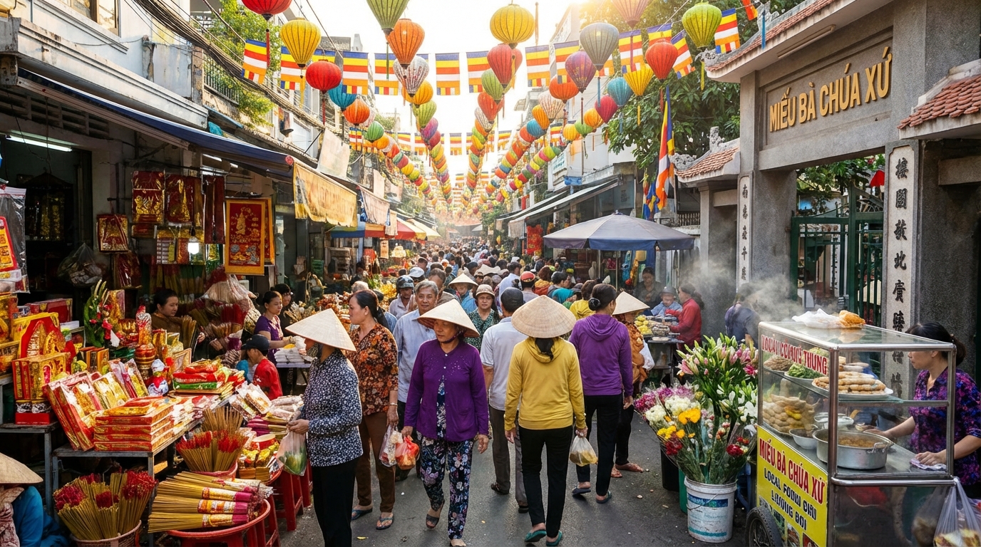 Chợ lễ hội đông đúc với nhiều gian hàng bán đặc sản và đồ cúng