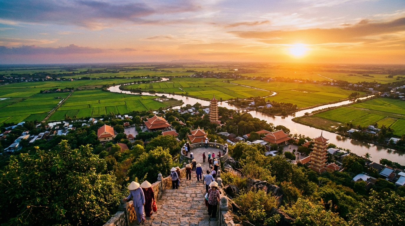 Toàn cảnh từ đỉnh Núi Sam với các ngôi chùa và đồng lúa miền Tây