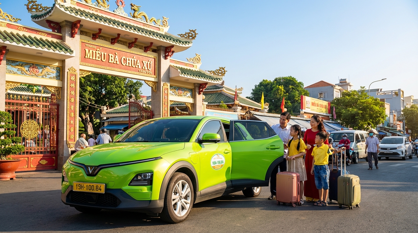 Taxi VinFast VF6 đón khách tại cổng Miếu Bà Chúa Xứ