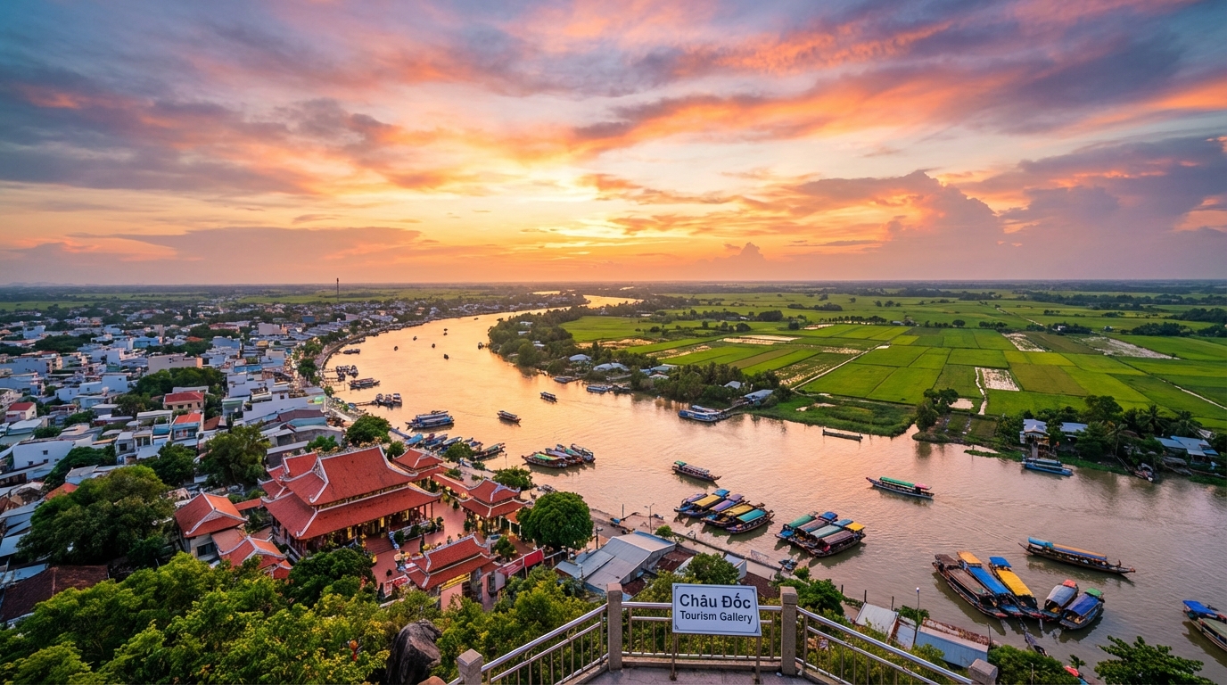 Toàn cảnh Châu Đốc nhìn từ Núi Sam lúc hoàng hôn với sông Hậu và đồng lúa