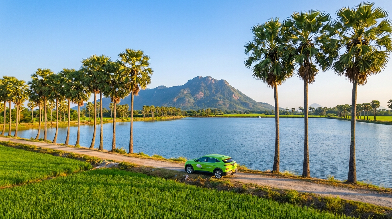 Hồ Soài So với núi Cô Tô phía sau, đồng lúa xanh, hàng thốt nốt và xe taxi VinFast VF6