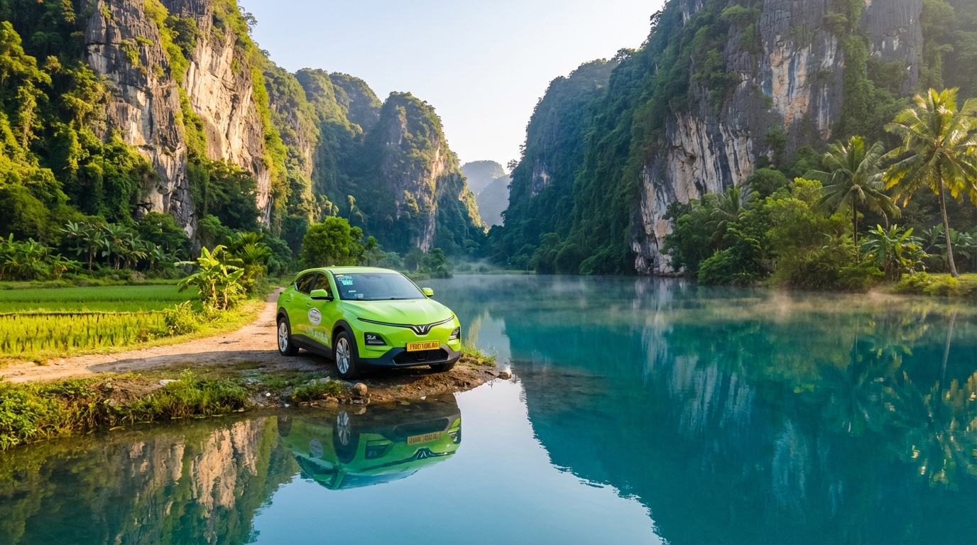 Taxi VinFast VF6 xanh cốm đỗ bên Hồ Tà Pạ với nước xanh trong vắt và vách đá hai bên