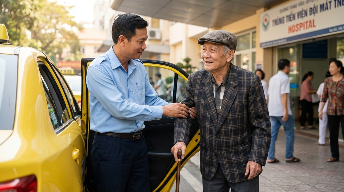 Tài xế hỗ trợ người cao tuổi lên xuống xe an toàn