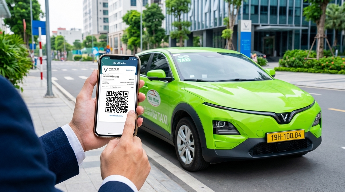 Hành khách nhận hóa đơn điện tử trên điện thoại với taxi VinFast VF6 phía sau