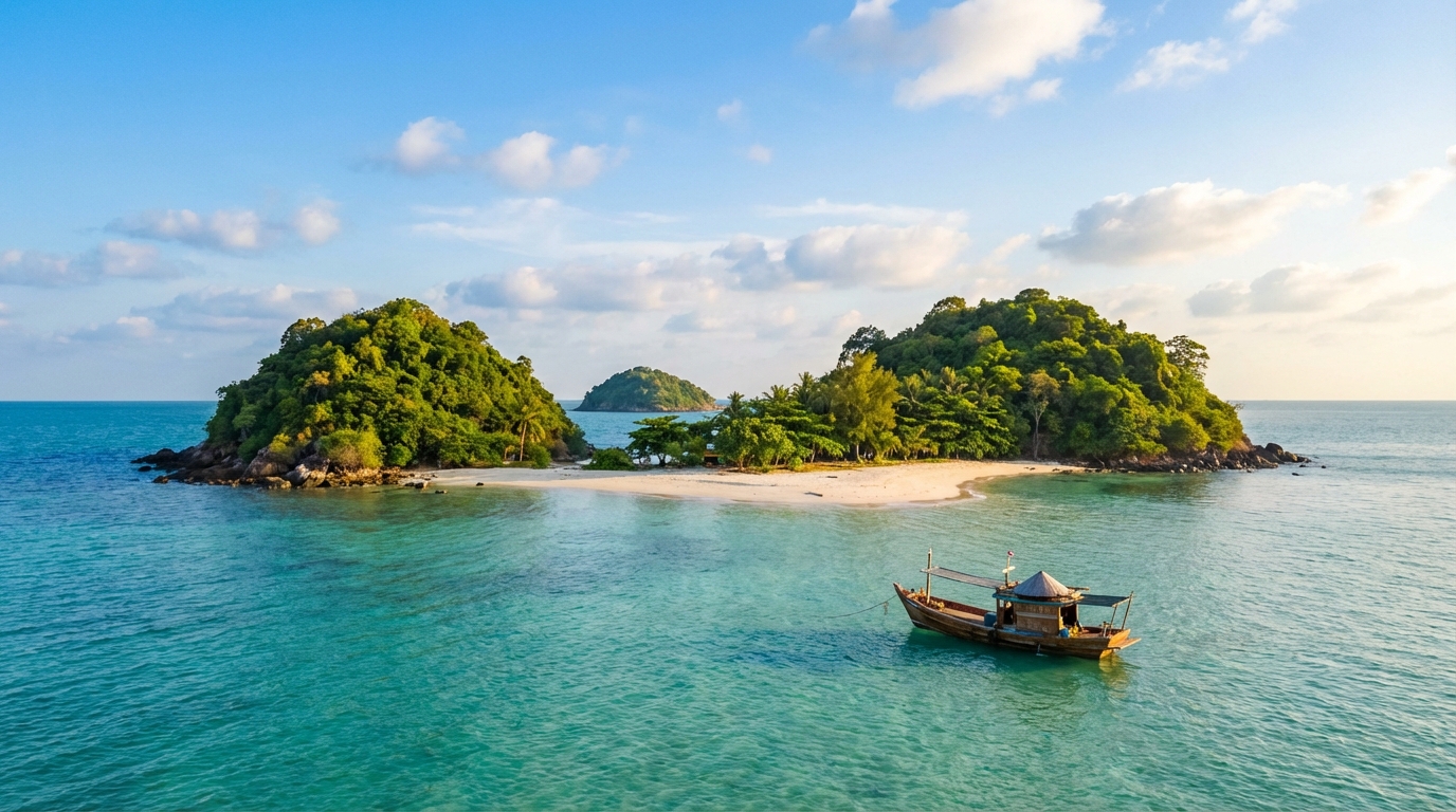 Hòn Chụt và Hòn Gà nổi giữa biển xanh trong vắt tại Hà Tiên, Kiên Giang