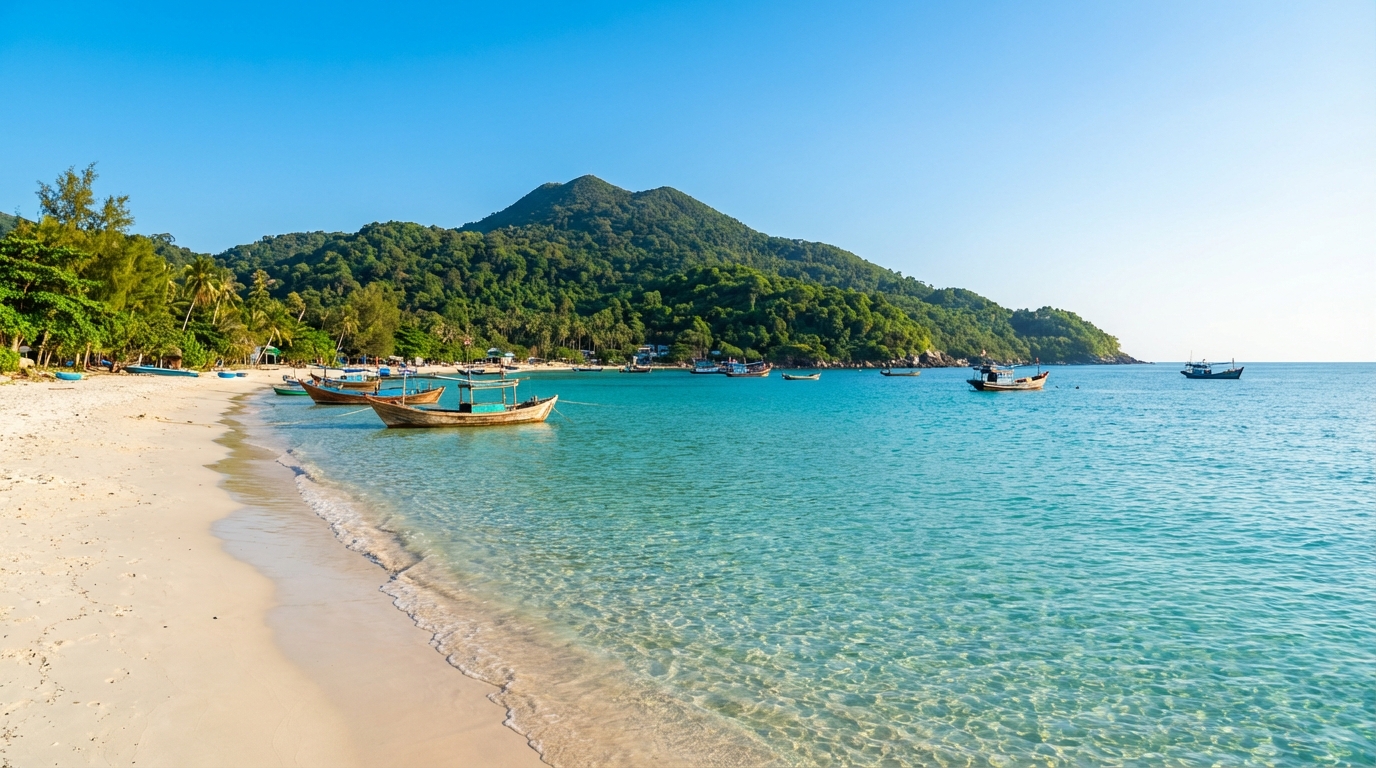 Bãi biển Hòn Sơn với cát trắng, nước xanh trong, núi Ma Thiên Lanh phía xa