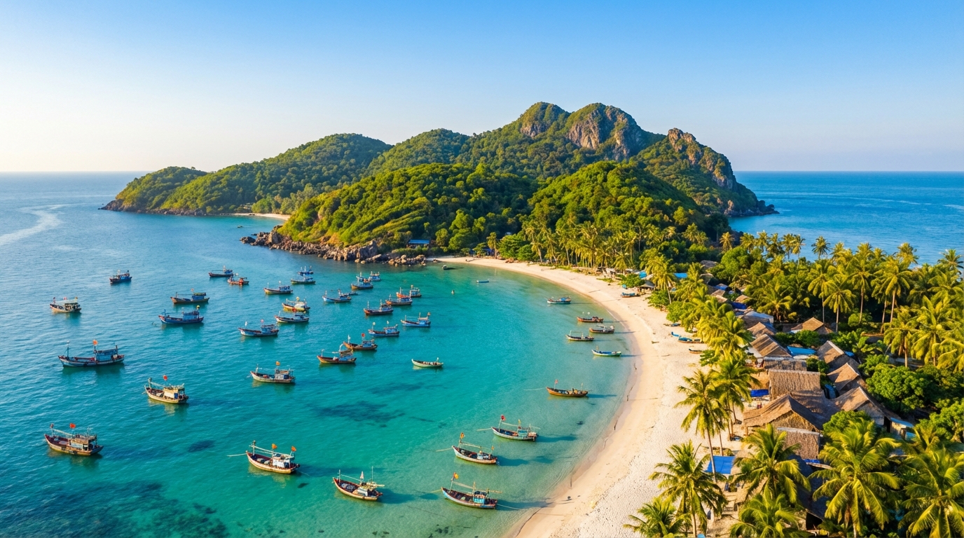 Toàn cảnh đảo Hòn Sơn Kiên Giang từ trên cao với bãi biển trắng và nước biển xanh trong