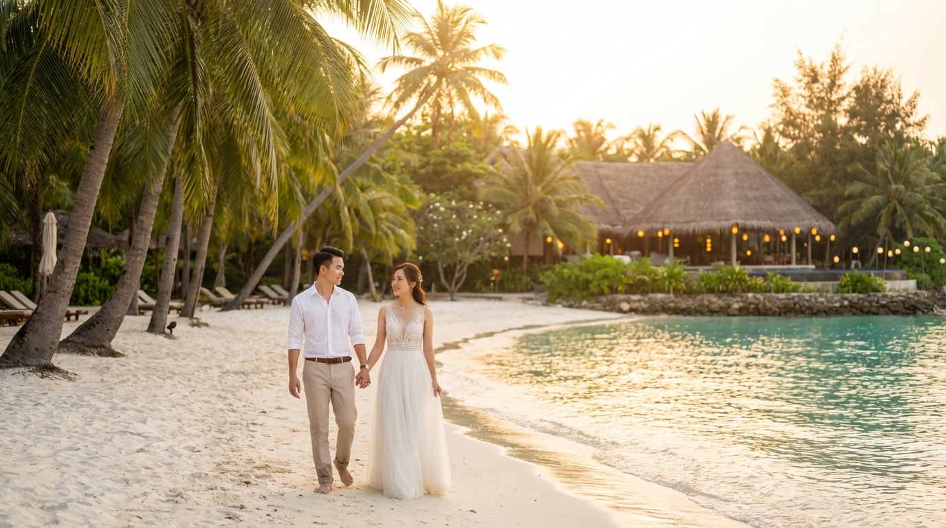 Cặp đôi dạo bước trên bãi biển Phú Quốc lúc hoàng hôn