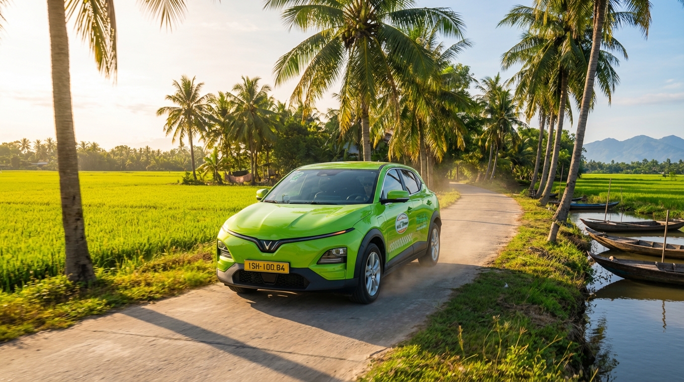 Taxi VinFast VF6 trên đường đi Châu Đốc với phong cảnh Núi Sam ở phía xa