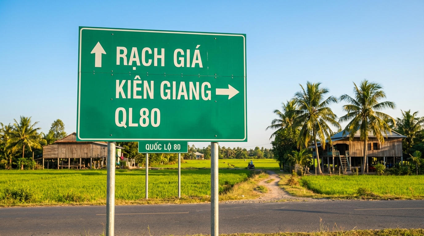 Biển báo chỉ đường trên tuyến QL80 đi Rạch Giá