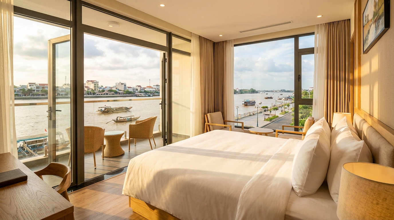 Phòng khách sạn view sông Hậu tại Cần Thơ với ban công nhìn ra thuyền