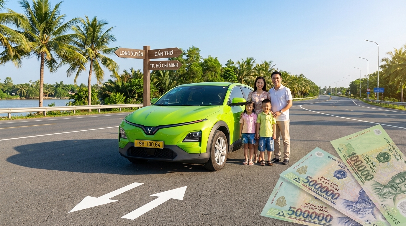 Taxi VinFast VF6 trên đường với biểu tượng tiết kiệm khi đặt khứ hồi