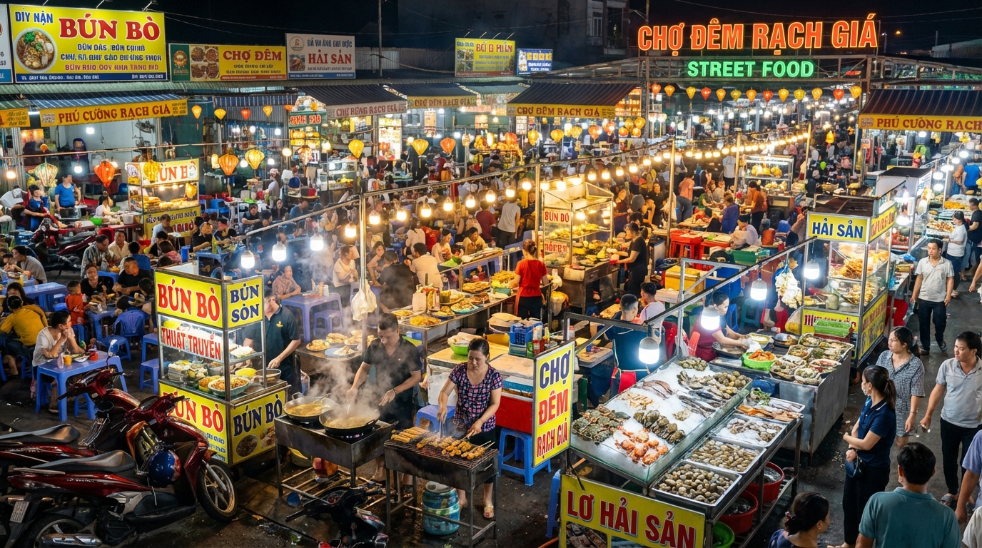 Chợ đêm Phú Cường với hàng trăm gian hàng ẩm thực sôi động