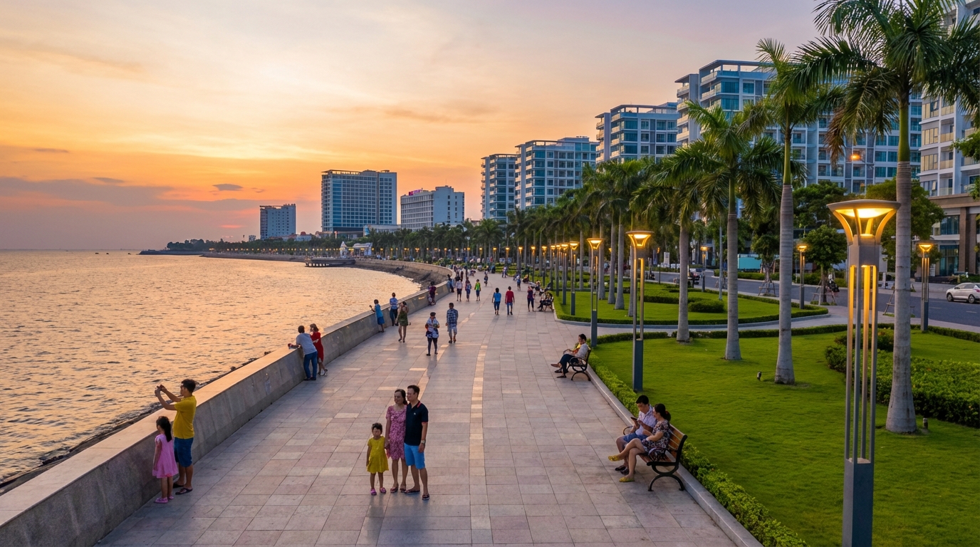 Công viên ven biển Phú Cường với lối đi bộ hiện đại và cảnh hoàng hôn đẹp mắt