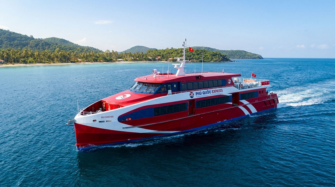 Banner khuyến mãi giảm 30% vé tàu Phú Quốc Express với tàu cao tốc màu đỏ trên biển xanh