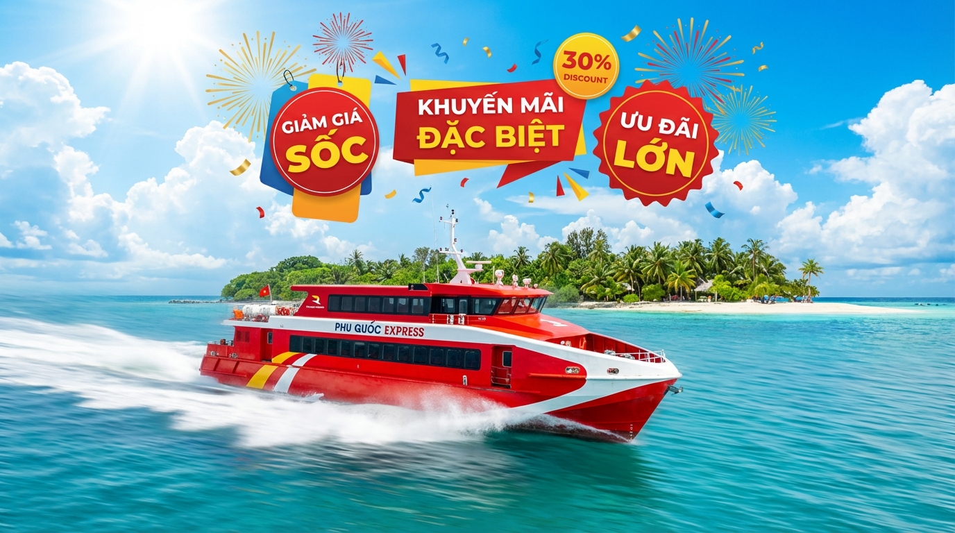 Banner khuyến mãi tàu Phú Quốc Express với tàu đỏ trắng trên biển xanh