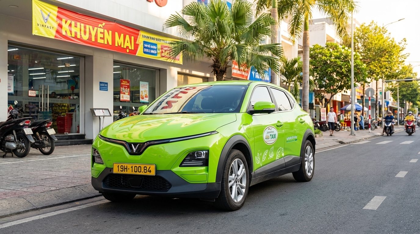 Taxi VinFast VF6 màu xanh cốm trước bảng khuyến mãi tại Long Xuyên