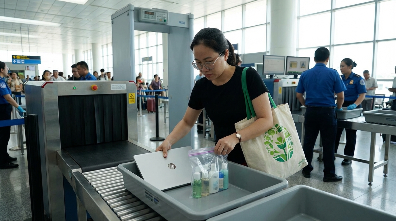 Hành khách làm thủ tục kiểm tra an ninh tại sân bay