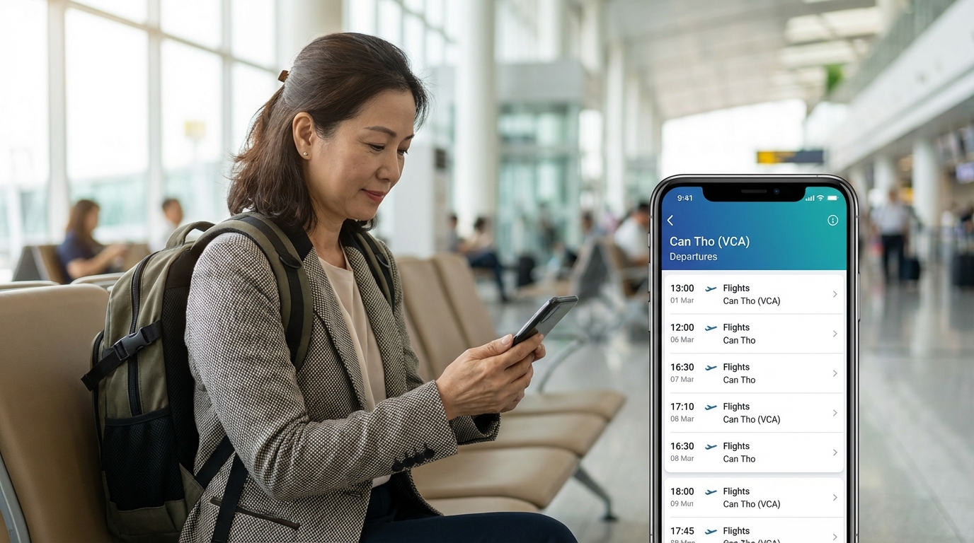 Hành khách kiểm tra lịch bay trên điện thoại