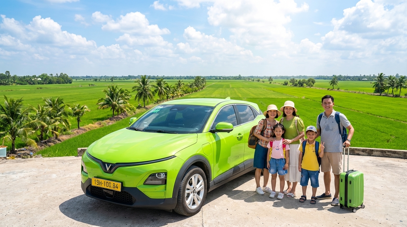 Taxi VinFast VF6 xanh cốm đậu tại điểm du lịch An Giang với cánh đồng lúa xanh