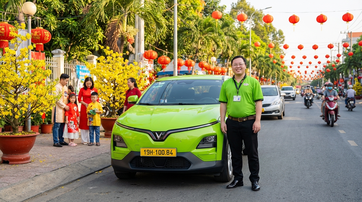 Tài xế taxi chuyên nghiệp bên cạnh xe VinFast VF6 xanh cốm trong mùa Tết Long Xuyên