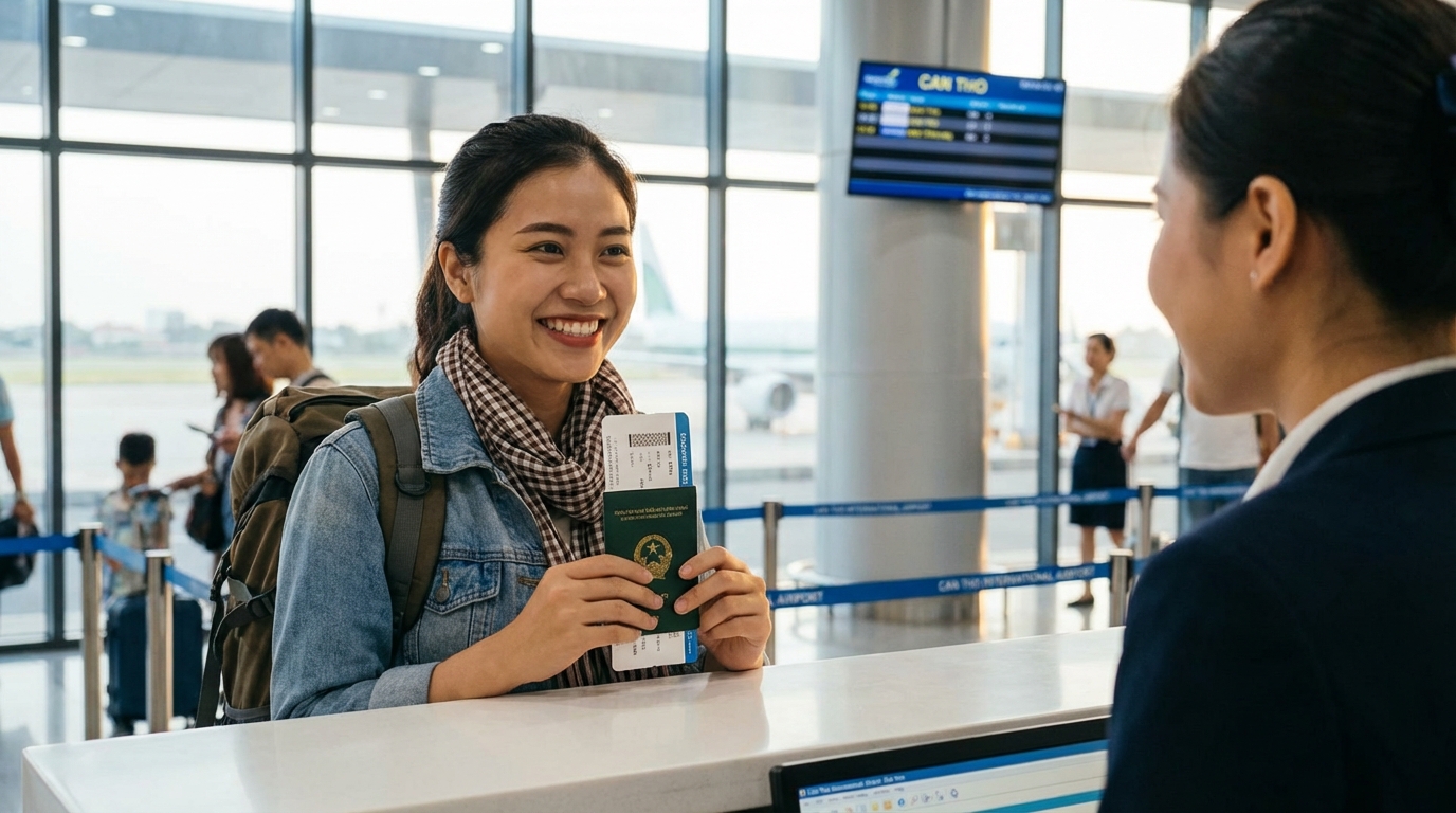 Hành khách lần đầu làm thủ tục check-in tại sân bay