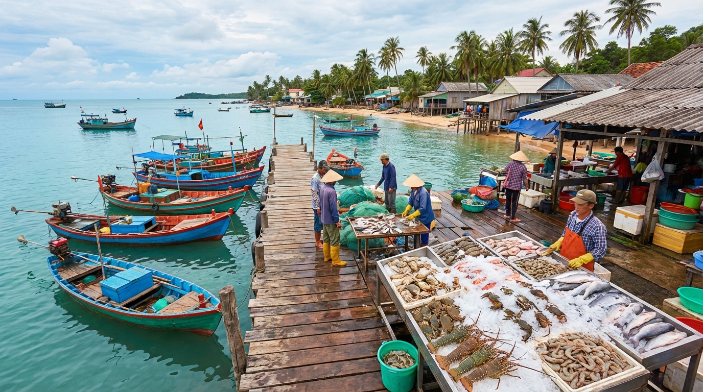Làng chài Hàm Ninh với nhà sàn trên biển và thuyền cá đầy màu sắc