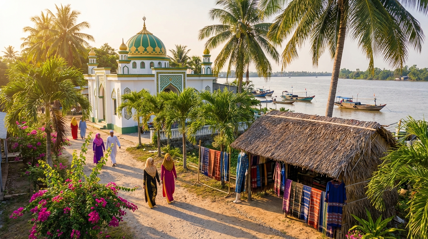 Thánh đường Hồi giáo Mubarak tại Làng Chăm Châu Giang với người Chăm trong trang phục truyền thống